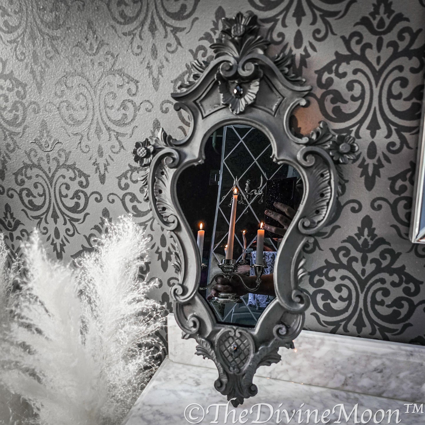 XL Vintage-Style Black Scrying Mirror with Gems - V14XL