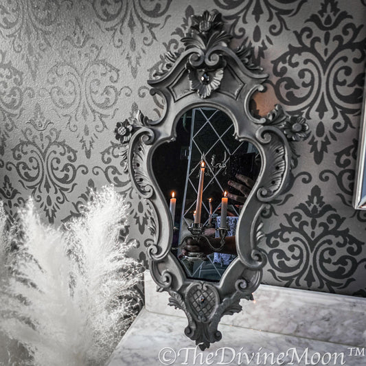 XL Vintage-Style Black Scrying Mirror with Gems - V14XL