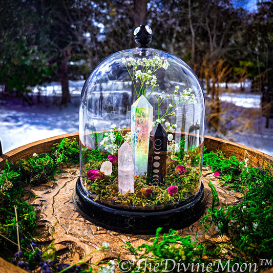 Mystical Moon Crystal Garden | Obsidian Moon Phase Tower & Aura Quartz | Enchanted Terrarium Cloche with Moss, Roses and Gemstones, 2 sizes