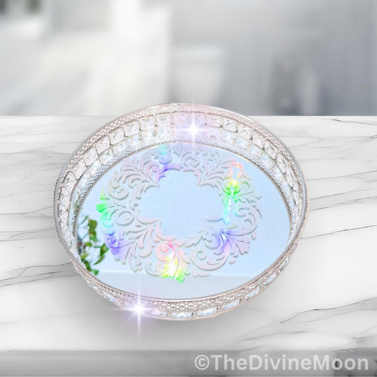 Handcrafted Glass Crystal Holographic Mirror Tray | Mystical Decorative Display Tray | Lunar Home Decor | Crystal Tray | Gothic Decor