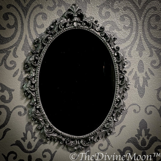 Large Vintage-Style Black Scrying Mirror with Gems - V18LG