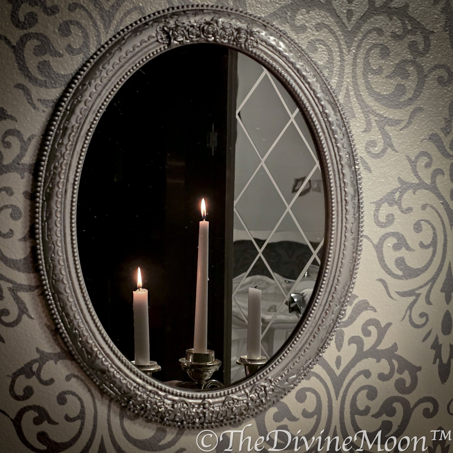 Large Vintage-Style Black Scrying Mirror with Gems - V17LG