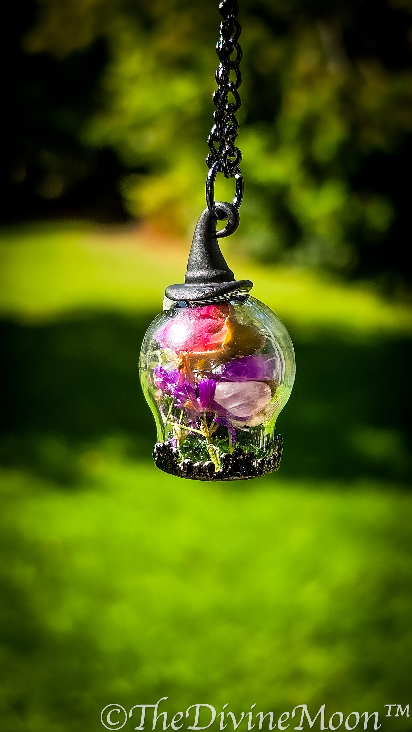 Mystical Witch Ball Pendant, Wiccan Necklace with Flowers & Gemstones, Spell Ball, Whimsical Witch Hat Necklace – Flower Witch Ball Pendant