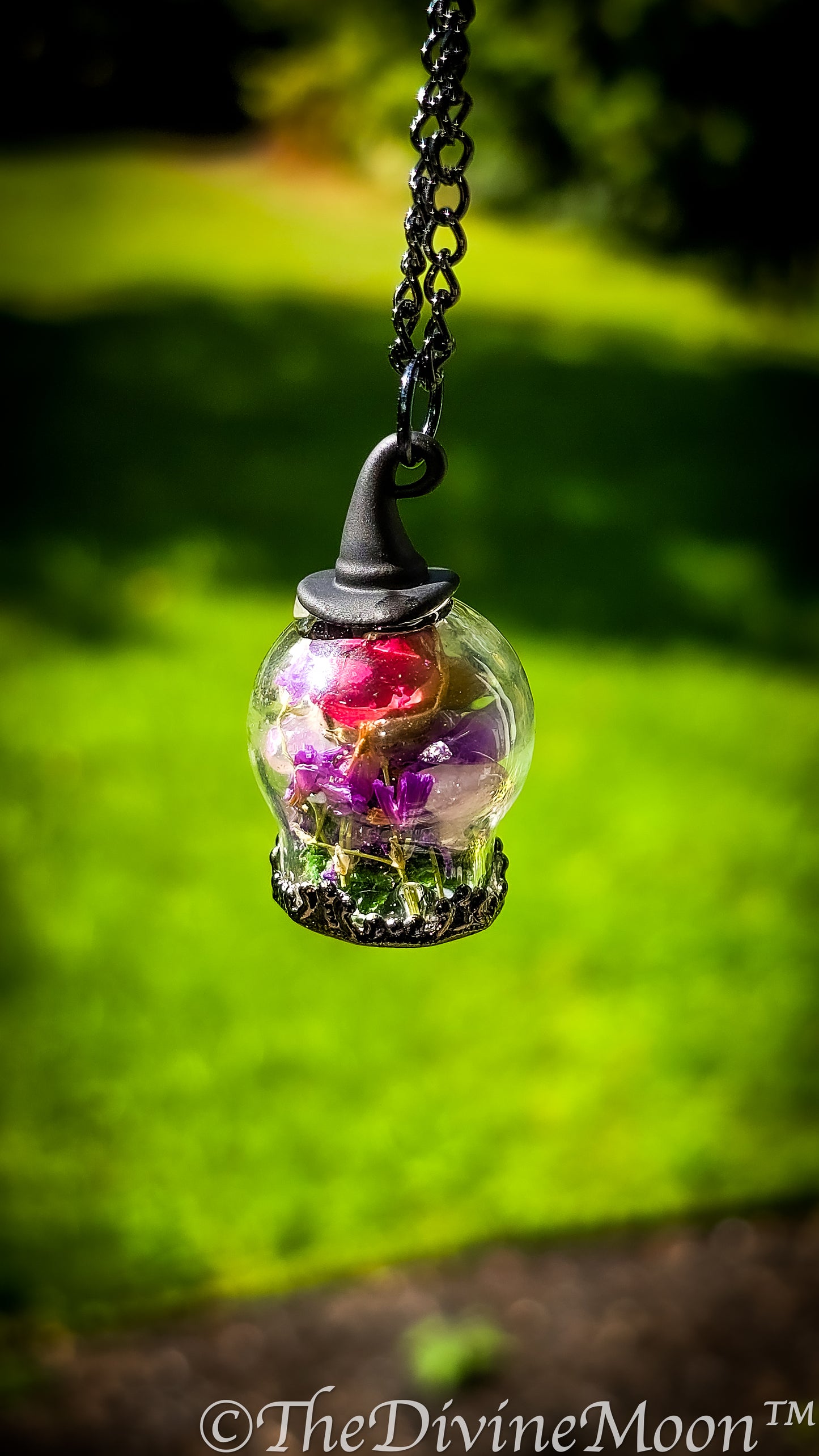 Mystical Witch Ball Pendant, Wiccan Necklace with Flowers & Gemstones, Spell Ball, Whimsical Witch Hat Necklace – Flower Witch Ball Pendant