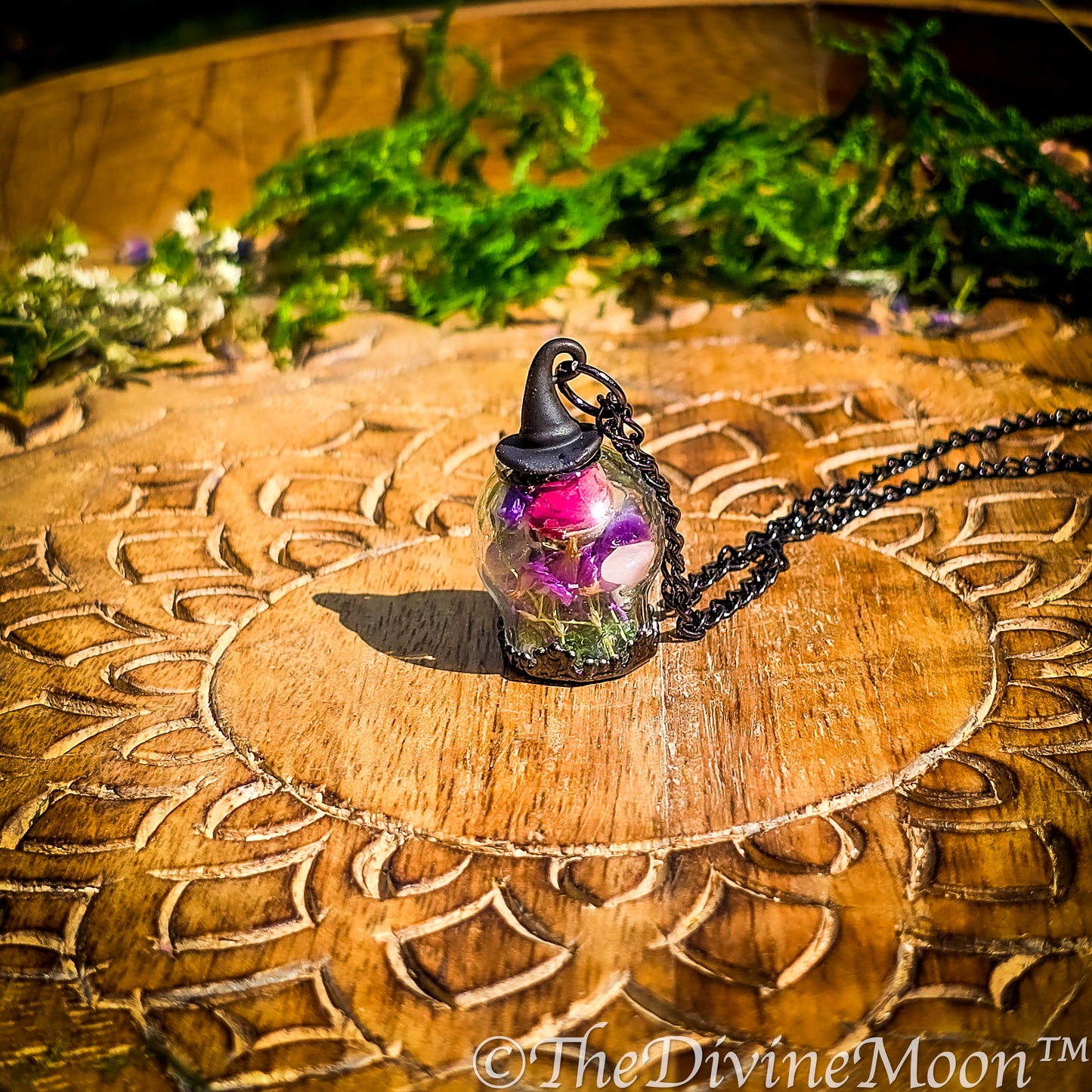 Mystical Witch Ball Pendant, Wiccan Necklace with Flowers & Gemstones, Spell Ball, Whimsical Witch Hat Necklace – Flower Witch Ball Pendant