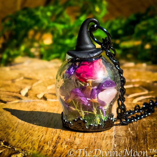 Mystical Witch Ball Pendant, Wiccan Necklace with Flowers & Gemstones, Spell Ball, Whimsical Witch Hat Necklace – Flower Witch Ball Pendant