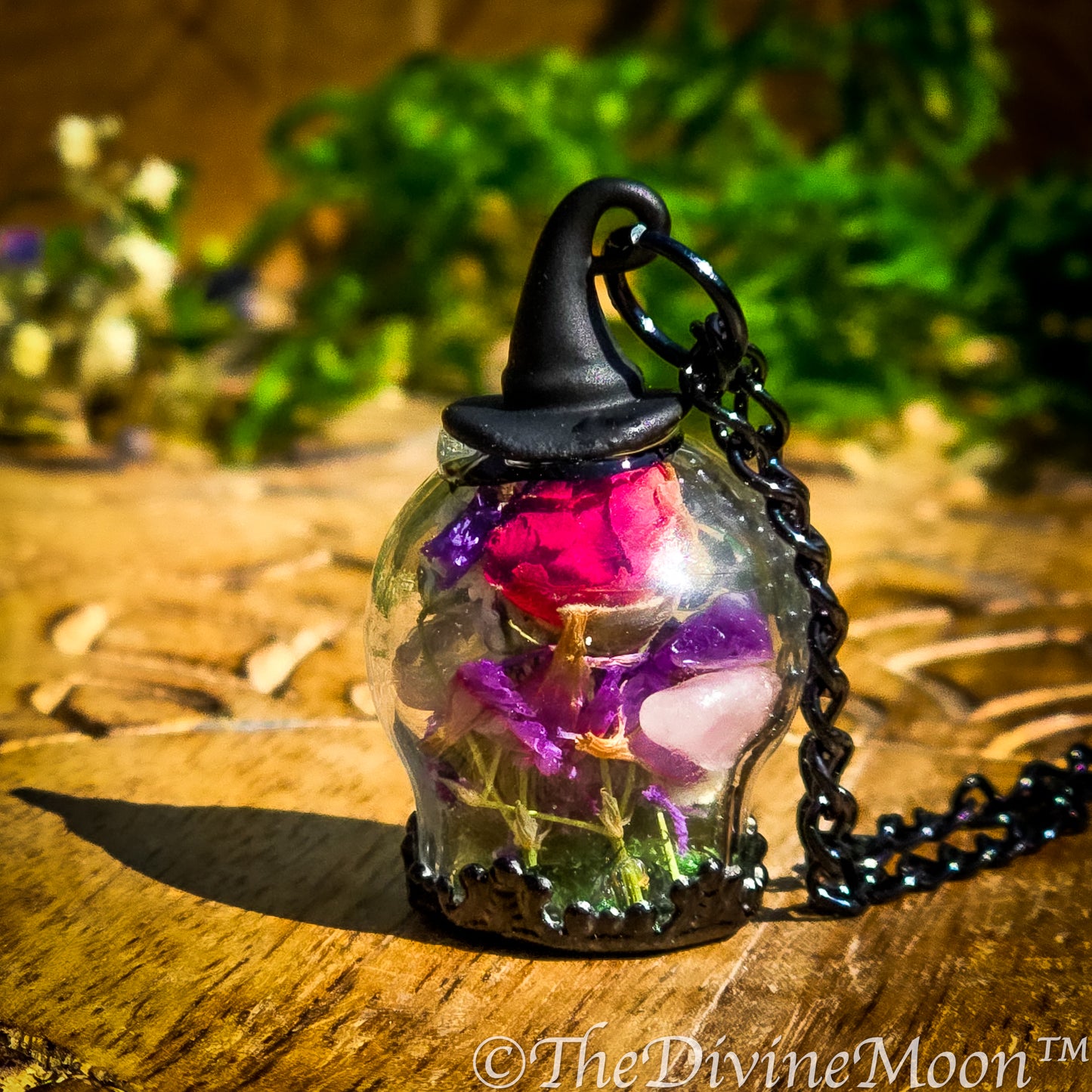 Mystical Witch Ball Pendant, Wiccan Necklace with Flowers & Gemstones, Spell Ball, Whimsical Witch Hat Necklace – Flower Witch Ball Pendant