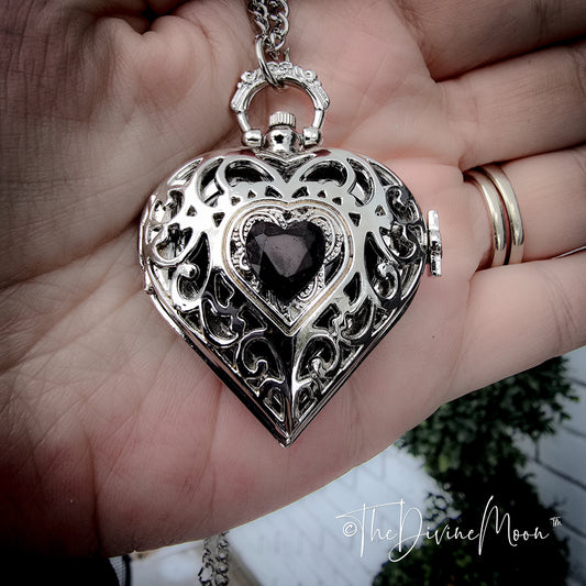 Seer’s Veil Heart Black Scrying Mirror Pocket Watch