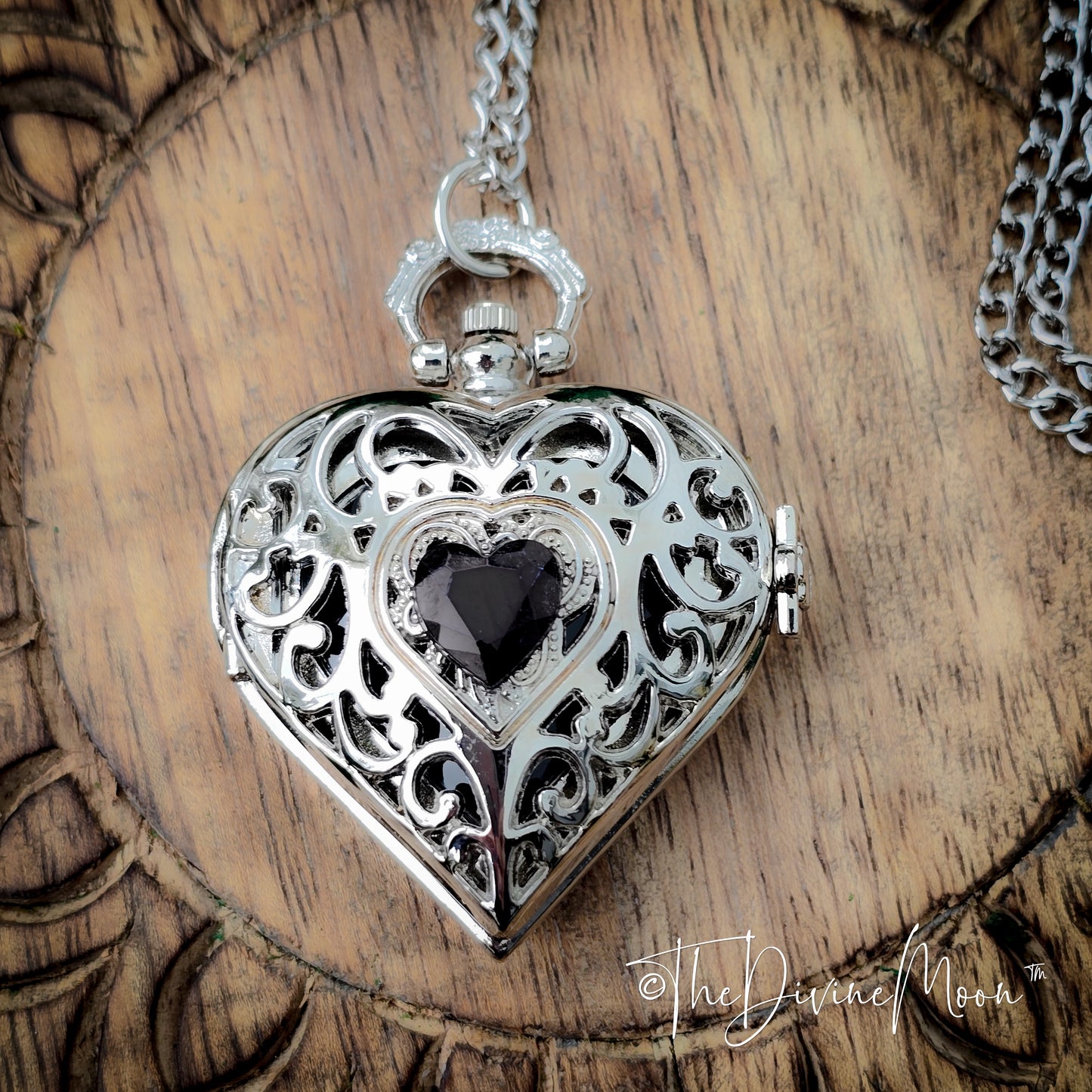 Seer’s Veil Heart Black Scrying Mirror Pocket Watch