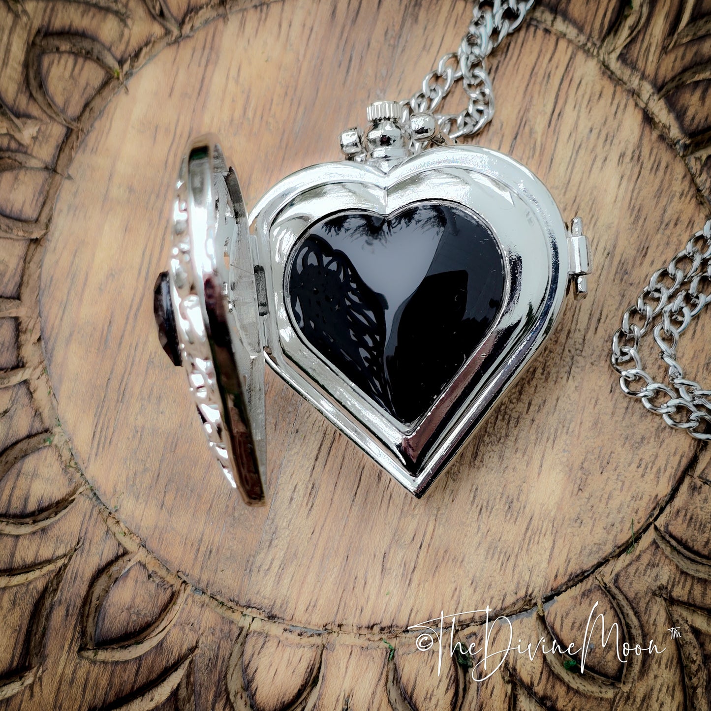 Seer’s Veil Heart Black Scrying Mirror Pocket Watch