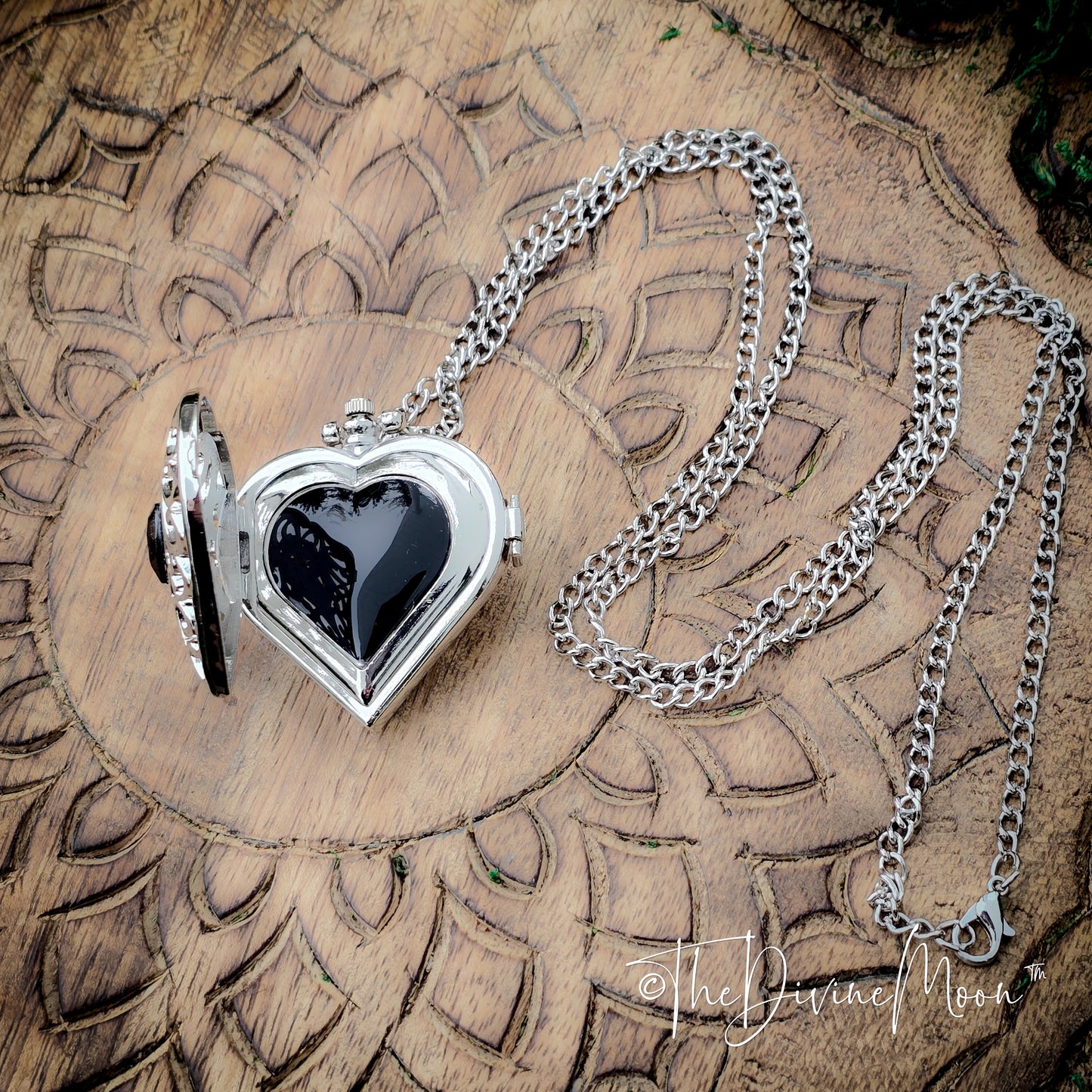 Seer’s Veil Heart Black Scrying Mirror Pocket Watch