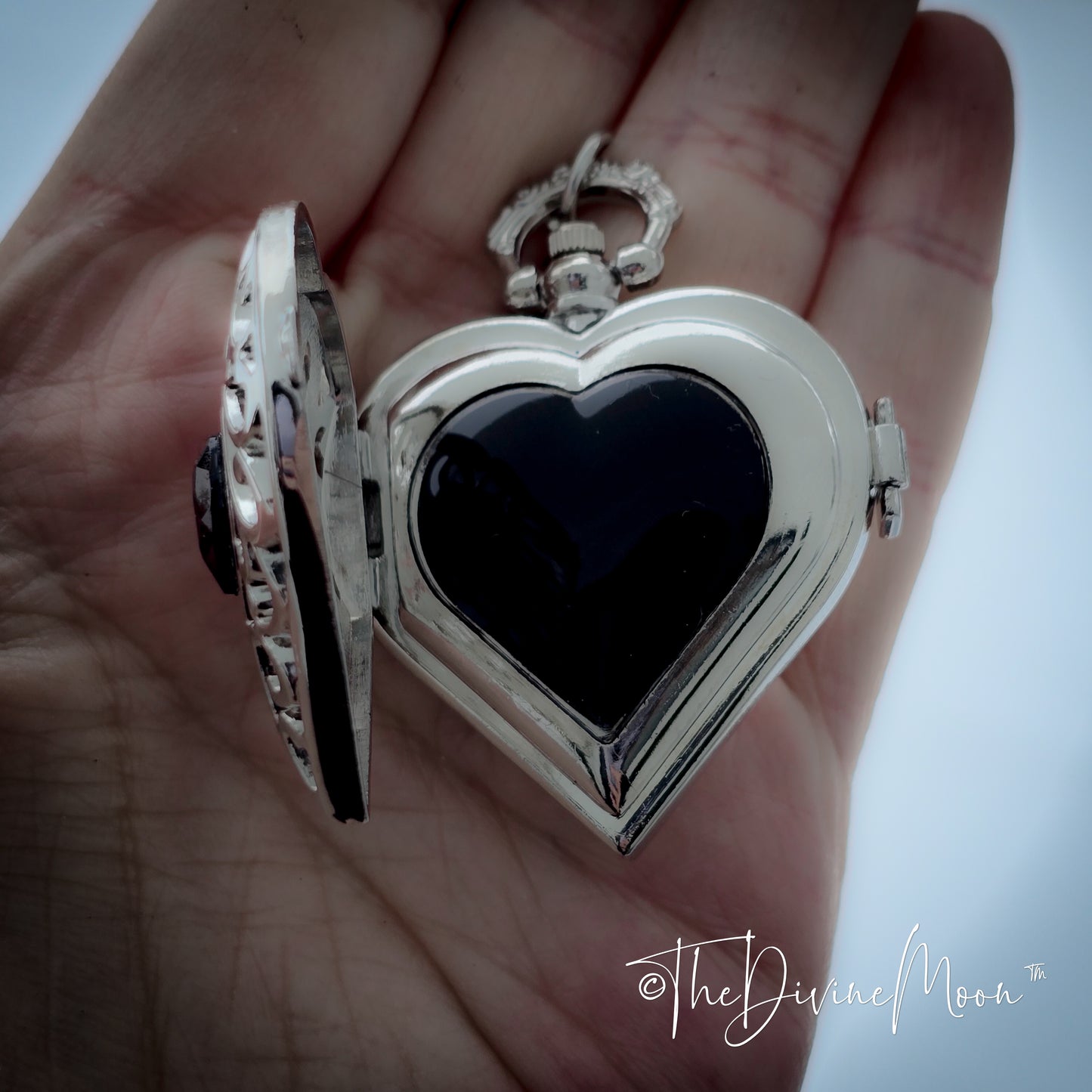 Seer’s Veil Heart Black Scrying Mirror Pocket Watch