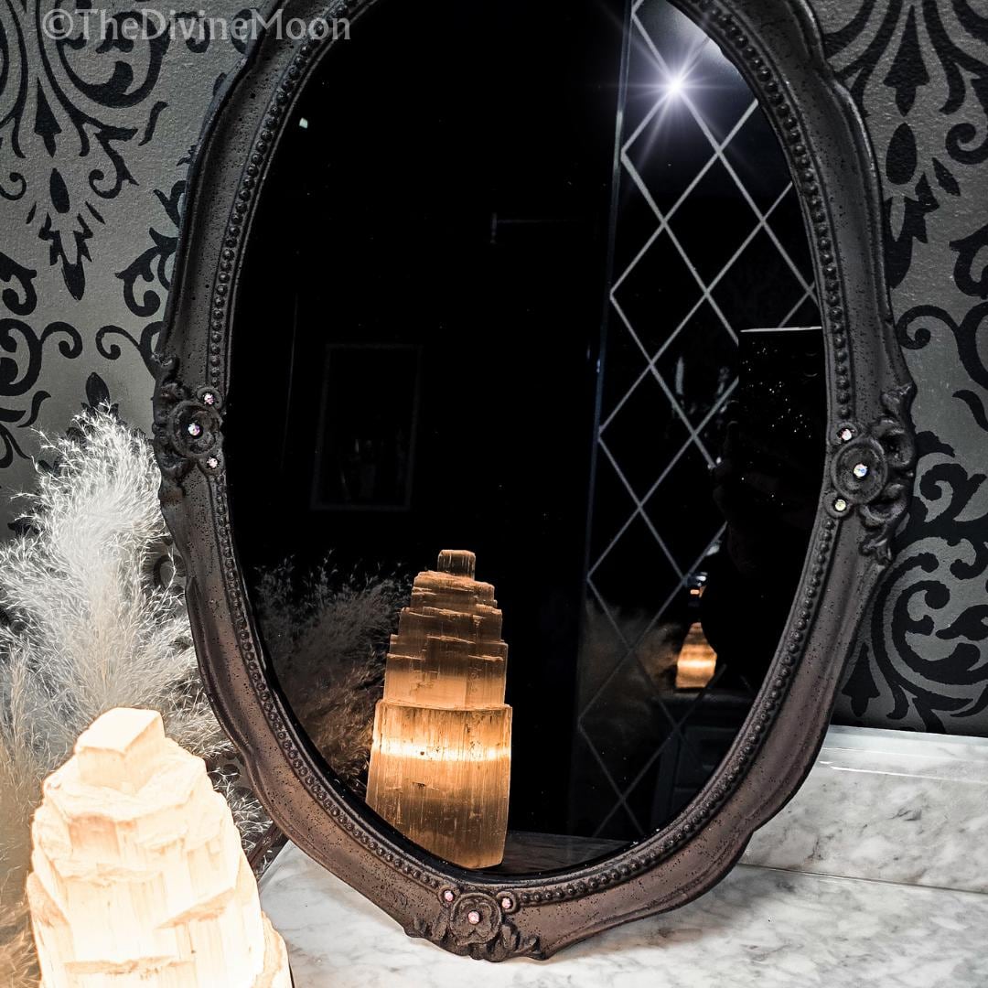 Extra Large Vintage-Style Black Scrying Mirror with Gems - V13XL