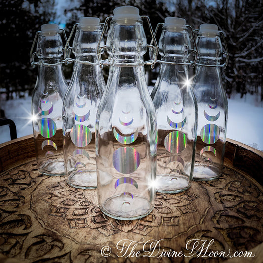 Aura Crystal Glass Moon Water Bottle 10 oz - Aura Wire Corked Lid - Altar Tools - Vintage Bottle - Perfect Moon Water Bottle