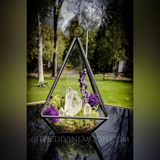 Moon Crystal Garden – Aura Quartz Terrarium Display – Elemental-Inspired Glass Decor – Hanging or Tabletop Crystal Arrangement – 6”