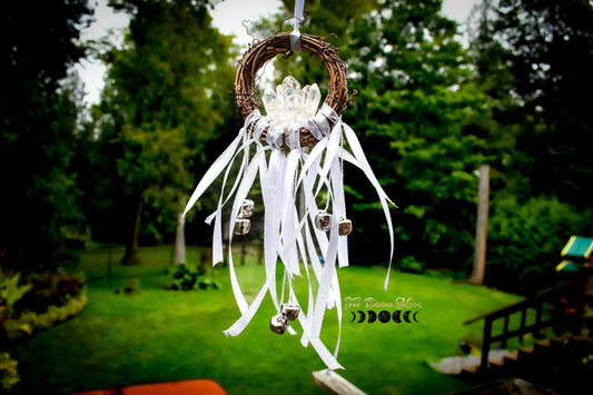 Angel Aura Quartz Witch Bells – Handmade Crystal Door or Wall Chime – Hanging Home Decor – One-of-a-Kind Celestial Accent – 6 Inches