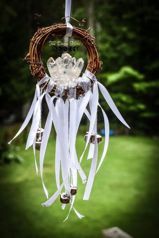 Angel Aura Quartz Witch Bells – Handmade Crystal Door or Wall Chime – Hanging Home Decor – One-of-a-Kind Celestial Accent – 6 Inches