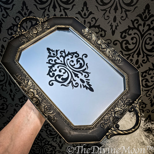 Black Tray, Gold Embossed, Gothic Damask, Home Decor, Glamorous, Halloween Decor, Mirror Tray, Vintage Tray, Vintage Mirror, Gothic Mirror