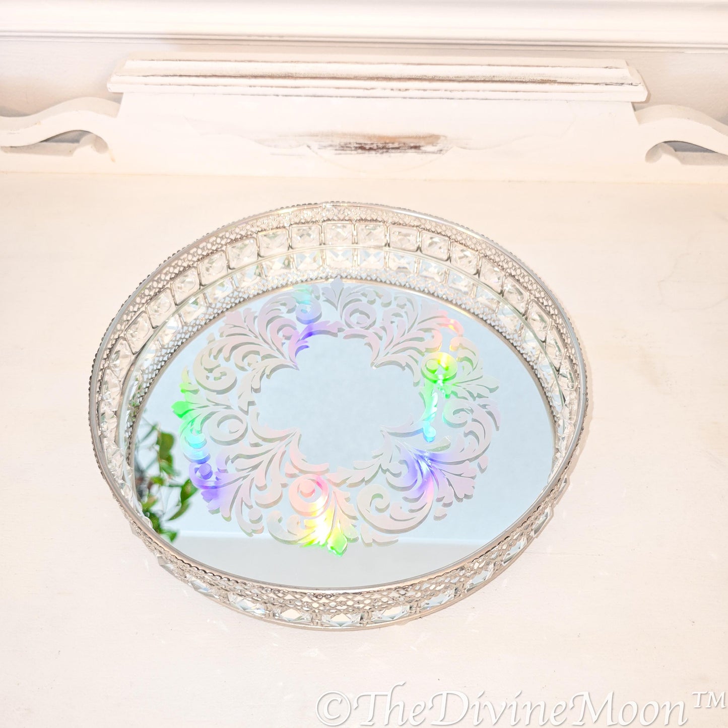 Handcrafted Glass Crystal Holographic Mirror Tray | Mystical Decorative Display Tray | Lunar Home Decor | Crystal Tray | Gothic Decor