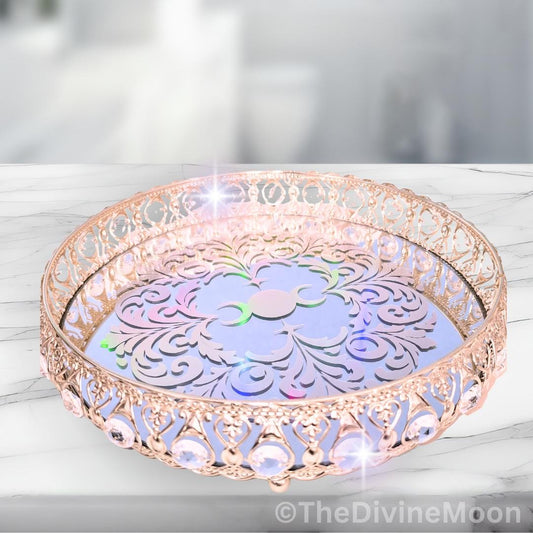 Handcrafted Glass Crystal Gold Holographic Moon Mirror Tray | Mystical Decorative Display Tray | Lunar Home Decor