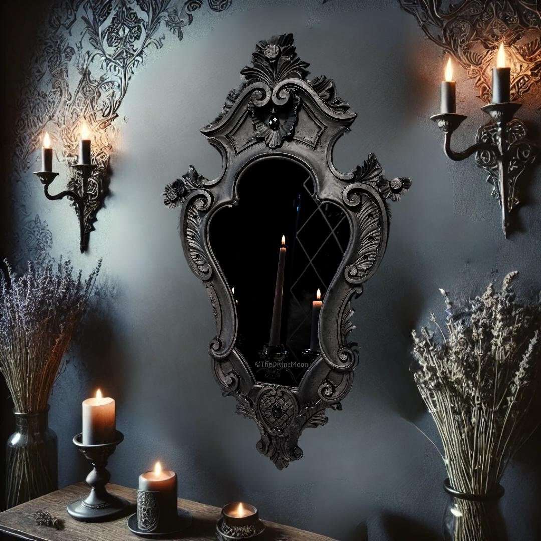 XL Vintage-Style Black Scrying Mirror with Gems - V14XL