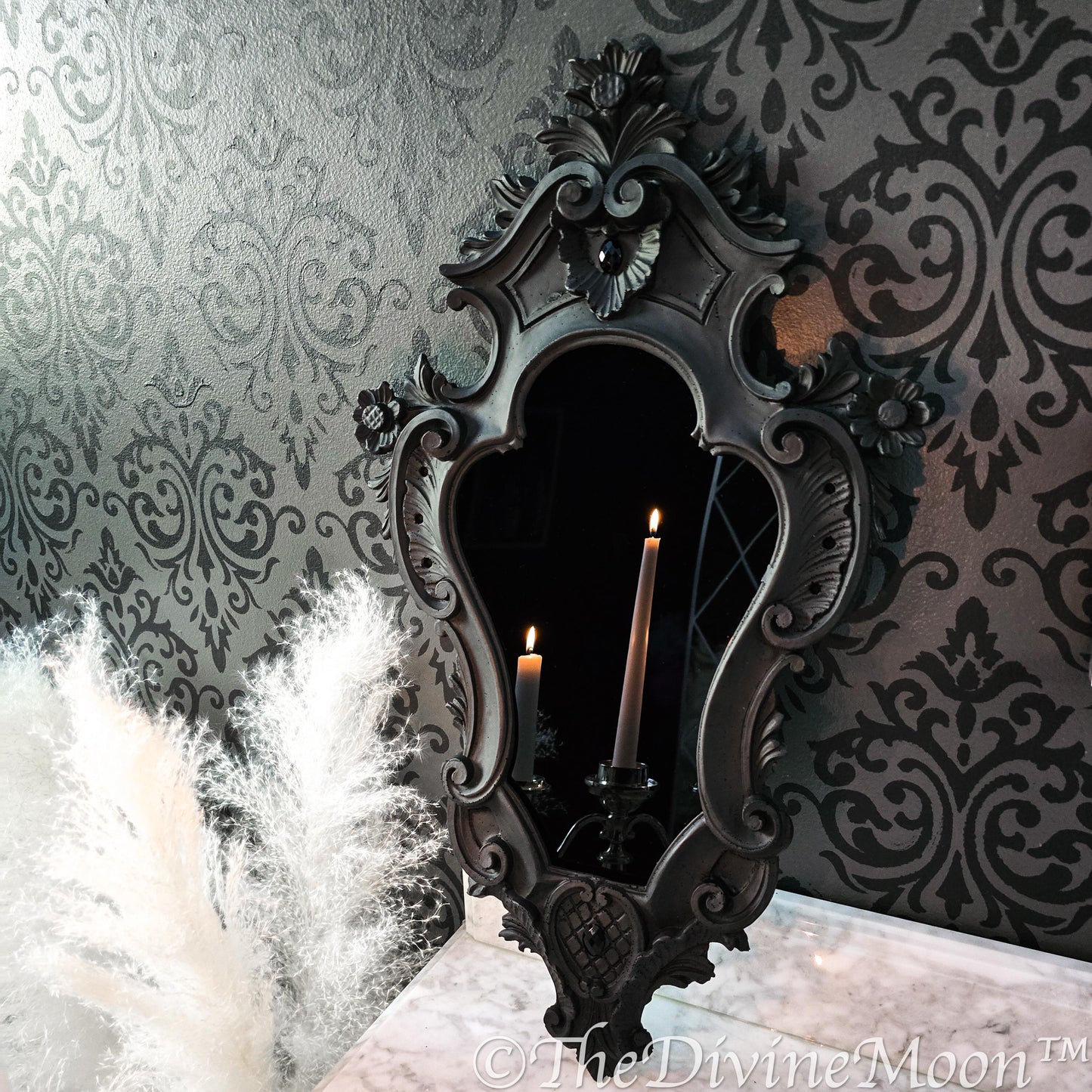 XL Vintage-Style Black Scrying Mirror with Gems - V14XL