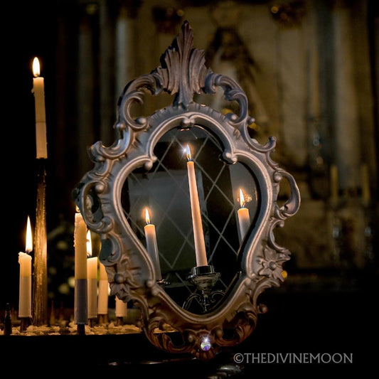 Large Vintage-Style Black Scrying Mirror with Gems - V15L