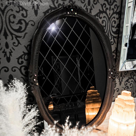 Extra Large Vintage-Style Black Scrying Mirror with Gems - V13XL