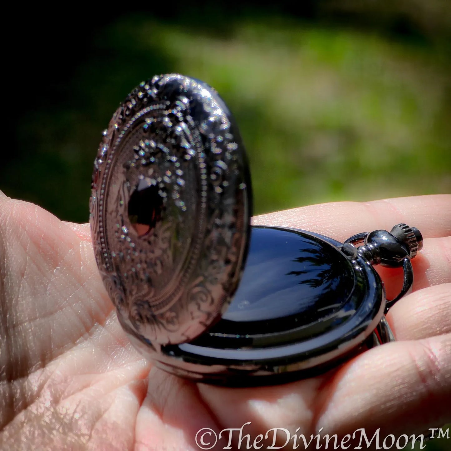 Seer’s Veil Black Scrying Mirror Pocket Watch